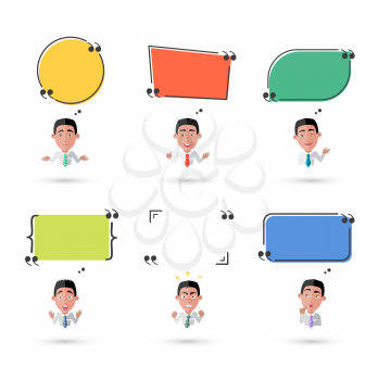 Emotion and avatar. Variety of emotions man with speech bubble. Businessman quote phrase, thought person, character manager, humand epression furious sad tired. Emotion avatar man vector ilustration