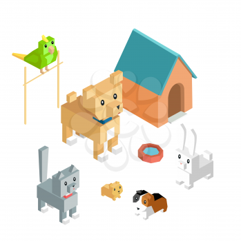 Pets set icon isometric 3d design. Dog and cat, animal group of pets, puppy animal, kitten character, nature domestic pets, fauna hamster parrot and rabbit, guinea pig vector illustration