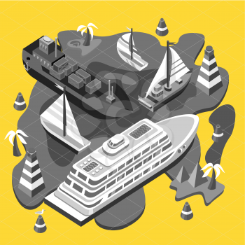 3d isometric set ships. Sea transport. Island and buoy, motorboat and containership, cruise and tanker, cargo shipping, boat transportation, ocean and vessel on yellow background. Sea transport vector