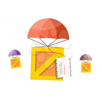Delivery box. Air mail parachute. Air mail parachute sky, transportation delivery, shipping package delivery, cargo service, moving delivery parcel vector illustration. Box descends on parachute
