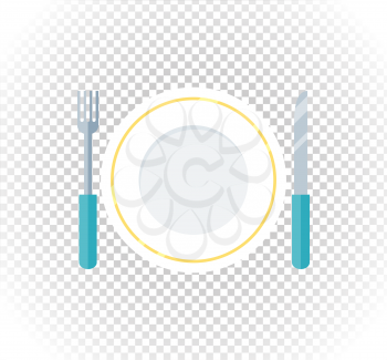 Plate fork knife design flat icon. Food plate, dinner plate isolated, kitchen and restaurant, lunch dining fork knife plate vector illustration