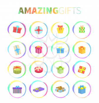 Set of gifts boxes design flat icon. Colorful gift wrap box present with bows and ribbon isolated, gift package holiday christmas surprise for anniversary or birthday or xmas gift. Vector illustration