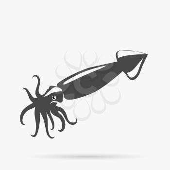 Squid monochrome color design. Black squid with tentacles isolated on white background. Creature floating in water. Inhabitant wildlife of underwater world. Edible sea food. Vector illustration