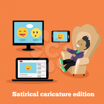 Satirical caricature edition design flat. Young man sitting in a comfortable chair and laughs looking humorous edition edition. Internet site satircal on a smartphone, laptop. Vector illustration