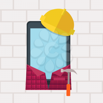 Phone in working clothes design flat. Communication device in the form of a smartphone builder. Phone in protective helmet and with a hammer isolated on background of a brick wall. Vector illustration