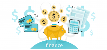 Finance concept banner design flat. Pig piggy bank with gold dollar coins. Financial documents and credit card calculator. Conceptual banner with finances to pay for items. Vector illustration