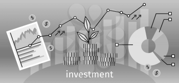 Finance investment concept banner. Graph or chart the growth of financial investment. Business Pie Chart increase in profits money. Metaphor sprout grew on a stack of gold coins. Vector illustration