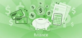 Finance concept banner design flat. Pig piggy bank with gold dollar coins. Financial documents and credit card calculator. Conceptual green banner with finances to pay for items. Vector illustration
