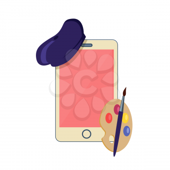 Phone to costume the artist design flat. Digital device in the form of a smartphone painter artist. Phone in fashion hat with a palette isolated on white background in flat style. Vector illustration
