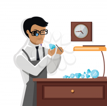 Jeweler man examines the diamond. Young jeweler glasses examines faceted diamond in the workplace in the lamplight flat style. Occupation person to work with precious stones. Vector illustration