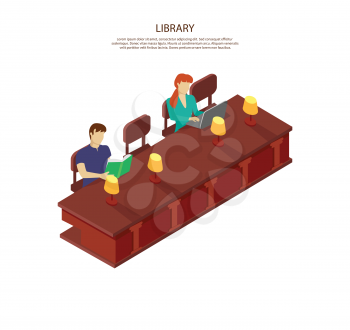 People read for the library table. Students man and woman sitting in the library at table with lamps. The guy is reading a book, she works on laptop isolated white background. Vector illustration