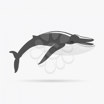 Black monochrome whale isolated on white background. Largest animal in world. Huge creating floating in the ocean or the sea. Big mammal whale with tail and fin living in water. Vector illustration