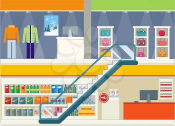 Shopping center storefronts design. Large shopping center with clothing stores and trendy bags on the second floor. Downstairs grocery supermarket with food cashier for payment Vector illustration