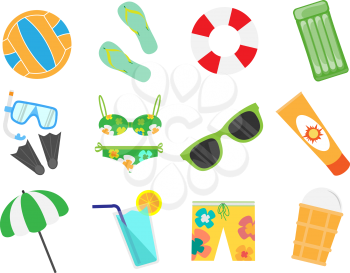 Accessories for the summer holidays design flat. Ball for beach volleyball,  life buoy and flip-flops, sunglasses and inflatable ice cream man isolated on white background. Vector illustration