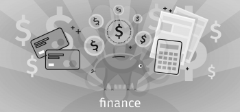 Finance concept banner design flat. Pig piggy bank with gold dollar coins. Financial documents credit card calculator. Conceptual monochrome banner with finances to pay for items. Vector illustration