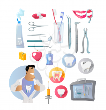 Tools and items on the theme of stomatology. Medical dentist with tool set for dental medicine design flat. Care and hygiene dentistry for  tooth and equipment for stomatology. Vector illustration