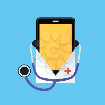 Phone in a white coat and stethoscope. Smartphone dressed in a doctor shape isolated on a blue background. Medical healthcare and medicine mobile consultant in uniform profession. Vector illustration
