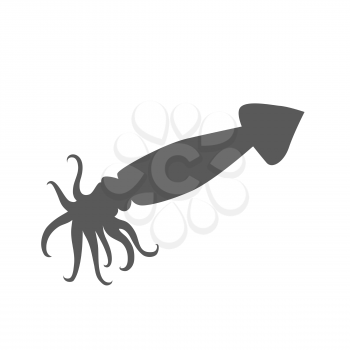 Squid monochrome color design. Black squid with tentacles isolated on white background. Creature floating in water. Inhabitant wildlife of underwater world. Edible sea food. Vector illustration