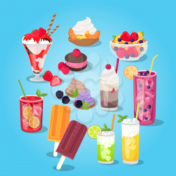 Large set of sweets food. Pastries with berries and cream, cake and ice cream on a stick in a cup of glass. Collection cooling fruit drinks with ice cubes isolated on background. Vector illustration