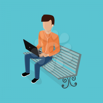 Man with gadget. Men use his device laptop, listening to music with headphone. Guy sitting on the bench with a laptop. Vector illustration