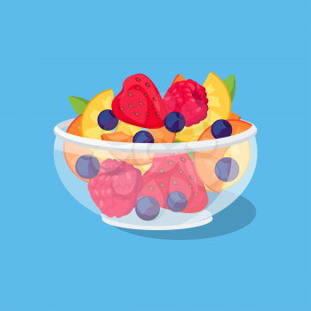 Glass bowl with fruit and berries. Ripe sweet fruit in a glass isolated on a blue background. Apricot and peach slices with berries strawberries and raspberries currants. Vector illustration