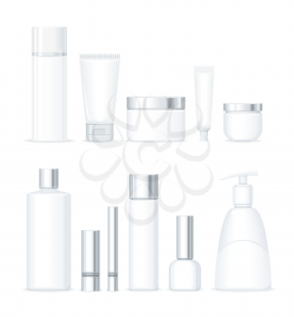 Set of bottles for cosmetics isolated. Large collection of cosmetics shampoo, soap and cream in empty bottles and tubes isolated on white background. Cream and lotion product. Vector illustration