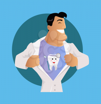 Doctor dentist character with painted teeth on a T-shirt under his robe. Care medical and uniform medicine and person professional physician medic. Happy doctor isolated. Vector illustration 