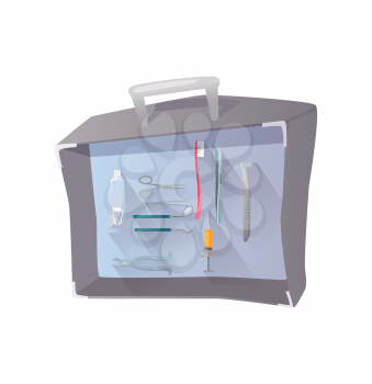 Tools and items on the theme of stomatology. Tool set for dental medicine design flat. Suitcase with tools dentist. Care and hygiene dentistry for tooth equipment for stomatology. Vector illustration