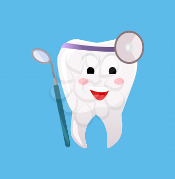 Concept of Dentistry Banner Poster. Cartoon tooth with dental instruments for happy smile design flat style. Medicine stomatology placard with space for text vector illustration