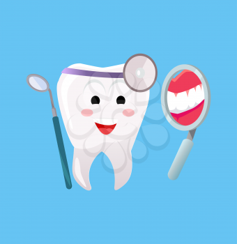 Concept of Dentistry Banner Poster. Cartoon tooth with dental instruments looking in the mirror for happy smile design flat style. Medicine stomatology placard with space for text vector illustration