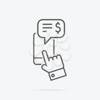 Financial message on phone linear icon. Business mobile communication with telephone and internet connection. Financial text note and hand using screen. Line icon speech bubble. Vector illustration 