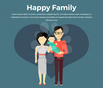 Happy family concept banner design flat style. Young family man and a woman with a newborn baby. Mother and father with child happiness lifestyle, vector illustration