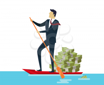 Man and money and ride in boat in flat style. Man rolls cash on gondola. Appointment of dollar in boat on pond. Vector illustration