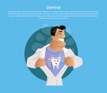 Doctor dentist character with painted teeth on a T-shirt under his robe. Care medical and uniform medicine and person professional physician medic. Happy doctor isolated. Vector illustration
