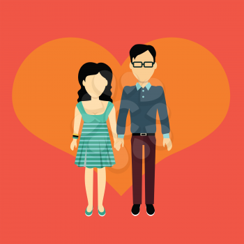Couple in love banner flat design style. Man and woman, boy and girl holding hands. In the background of the heart silhouette. Romantic banner flat together male and female, vector illustration
