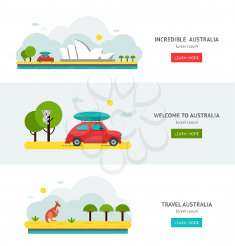 Australia road trip flat design web banners. Welcome to car travel. Incredible Australian nature, architecture Australias National symbols. Koala, kangaroo, Sydney opera. Vector illustration.