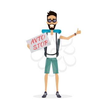 Smiling hitch-hiking traveller man personage vector illustration in flat design. Solo travelling with backpack concept. Low cost country trip on passing cars. Budget travel around the world. Auto stop