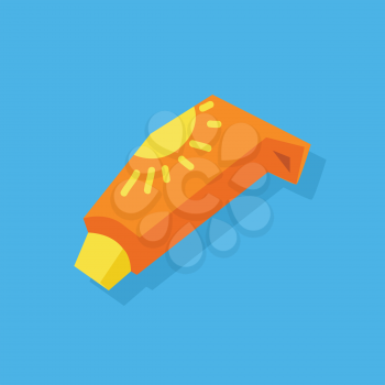 Sunscreen care sun protection. Cosmetics container orange cream icon in flat style isolation on blue background. Vector illustration