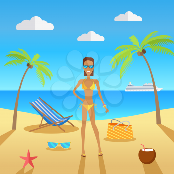 Beach with sand and palm trees in shiny day. Woman in sunglasses next to the sunbed, bag and a cocktail in coconut. Summer vacation concept. Vector illustration