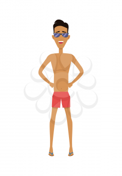 Male character in shorts and sunglasses vector flat design illustration. Smiling man ready for summer vacation ant beach entertainments standing isolated on white background.