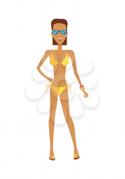 Female character in bikini and sunglasses vector flat design illustration. Beautiful woman ready for summer vacation ant beach entertainments standing isolated on white background.