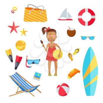 Accessories for the summer holidays design flat. Ball for beach volleyball, life buoy and flip-flops, sunglasses and inflatable ice cream girl isolated on white background. Vector illustration