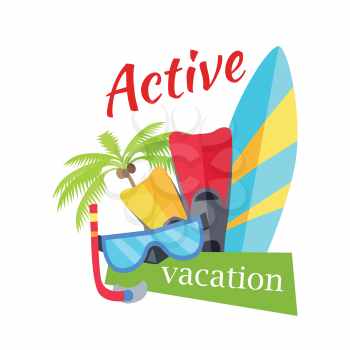Summer active vacation concept banner. Flat design vector illustration. Set of things for active rest on seacost. Diving mask, fins, surfboard, palm tree on white background.