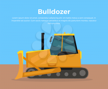 Bulldozer vector banner. City building flat design concept. Construction machines in career. Extraction, transport, moving materials, earthworks illustration for advertise, infographic, web design.