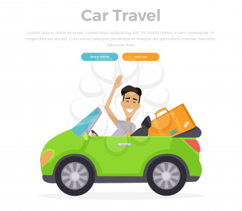 Car travel concept vector illustration. Flat design. Smiling driver on cabriolet travelling with stuff. Road travelling concept web banner. Road trip adventure.