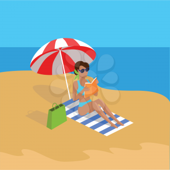 Summer vacation. Vector flat design. Leisure on tropical sunny seaside. Woman reading book in the shade of umbrella on a sand beach in the tropical country. Sunbathing and relaxing on the seashore.