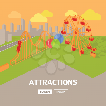 Amusement park attractions vector flat style design web banner. City entertainment in the summer vacation concept. Ferris wheel and roller coaster illustration. City landscape.