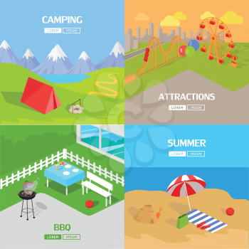 Holiday barbecue and amusement park spend vacation. Relax on beach, mountain tourism, prepare barbecue in yard and walk in park attractions. Vector illustration