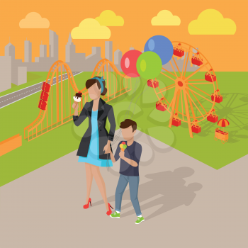 Family holiday in the amusement park vector illustration. City entertainment in the summer vacation concept. Child birthday walk. Woman and child eating ice-cream near attractions. .