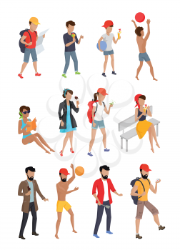 Big set summer people characters. Personages on vacation vector flat design illustration. Hiking, playing ball, eating coking, walking, seating, standing woman, kid, and man.